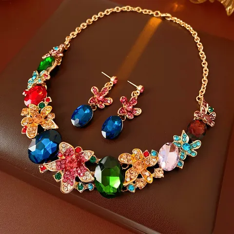 Juego De Collar Y Pendientes De Aleación Con Strass De Colores Flor Bañado En Oro Joyería Vintage Statement Mujer Boda Banquete
