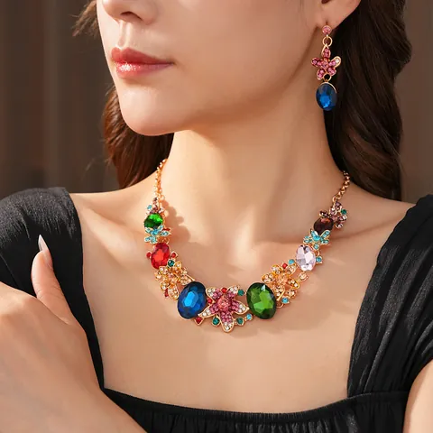 Juego De Collar Y Pendientes De Aleación Con Strass De Colores Flor Bañado En Oro Joyería Vintage Statement Mujer Boda Banquete