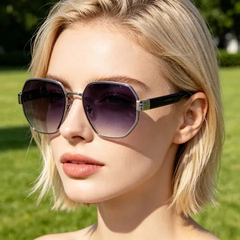 Lunettes De Soleil Polygonales Mode Femmes UV400 Monture Métal PC Verres Dégradés Octogone Sans Bord Retro Extérieur