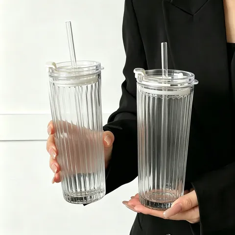 Ins Style Vertical Stripes Soda Lime Glass Coffee Cup With Lid And Straw Portable Large Capacity Drinkware For Home