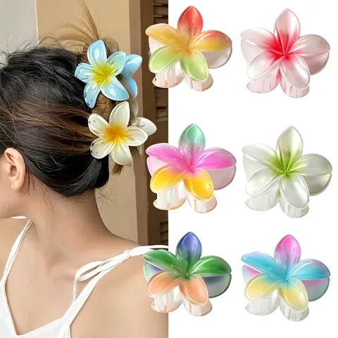 Pinza De Pelo Flor De Frangipani Degradado Resina Pinzas De Tiburón Horquilla Floral Para Mujer Accesorios De Verano
