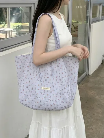 Floral Seersucker Tote Bag Large Capacity Polyester Shoulder Bag With Ribbon Bow Tie Daily Casual For Women Girls