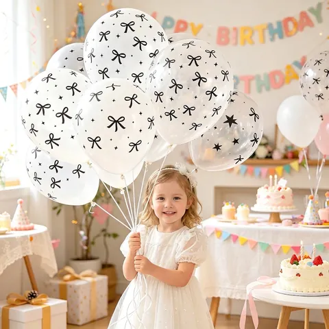 Bow Knot Printed Latex Balloons Birthday Wedding Party Decoration Transparent Pink White Black Soft Decorative Props