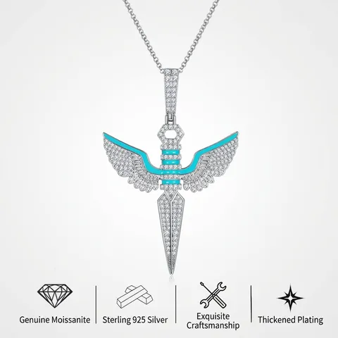 Collar con Colgante de Daga con Alas de Ángel de Moissanita de Plata de Ley 925 de Lujo Joyería Hip Hop para Hombre Mujer