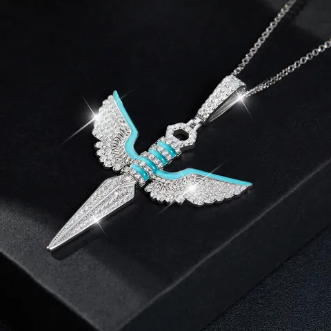 Collar con Colgante de Daga con Alas de Ángel de Moissanita de Plata de Ley 925 de Lujo Joyería Hip Hop para Hombre Mujer