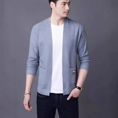 Men's Knit Cardigan Long Sleeve Open Front V-Neck Solid Color Loose Lightweight Sweater With Pockets Casual Outerwear