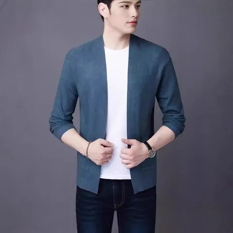Men's Knit Cardigan Long Sleeve Open Front V-Neck Solid Color Loose Lightweight Sweater With Pockets Casual Outerwear