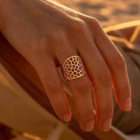 Minimalistische Roestvrijstalen Brede Open Ring Voor Dames Verguld Honingraat Hol Ruitjespatroon Verstelbare Mode Vingerring Sieraden