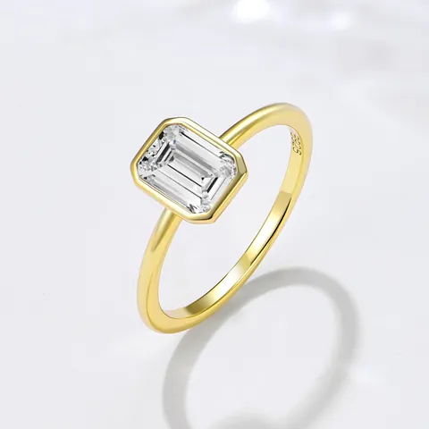 925 Sterling Silver Emerald Cut Rhinestone Ring For Women Geometric Bezel Setting Gold Plated Luxury Minimalist Jewelry Ring