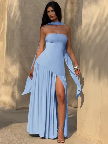 Women Strapless Maxi Dress Polyester Spandex Slim Fit Backless High Split Matching Scarf Elegant Evening Party Long Gown