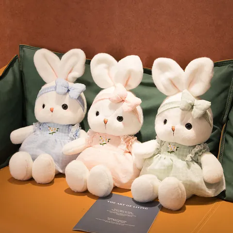 Daisy Rabbit Plush Toy Soft Stuffed Animal With Floral Embroidery Plaid Dress Bow Headband For Girls Kids Birthday Gift