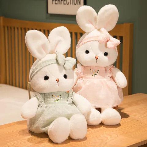 Daisy Rabbit Plush Toy Soft Stuffed Animal With Floral Embroidery Plaid Dress Bow Headband For Girls Kids Birthday Gift