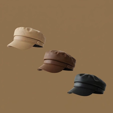 Damen Vintage PU Leder Schirmmütze Retro Achteckige Kappe Britischen Stil Baker Boy Hat Einfarbig Herbst Winter Mode Hut