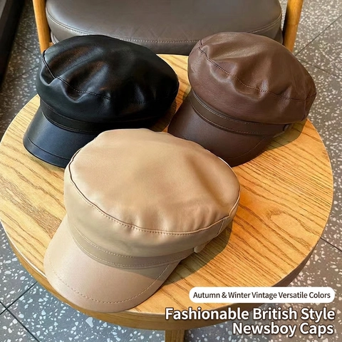 Damen Vintage PU Leder Schirmmütze Retro Achteckige Kappe Britischen Stil Baker Boy Hat Einfarbig Herbst Winter Mode Hut