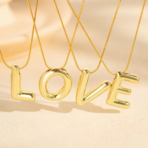 Puffed Initial Letter Pendant Necklace Titanium Stainless Steel Gold Plated Non-Fading Hypoallergenic Minimalist Style Unisex