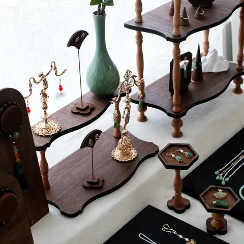 Jewelry Display Stand Walnut Wood Folding Screen Earring Necklace Storage Organizer Rack Retro Artistic Desktop Decor