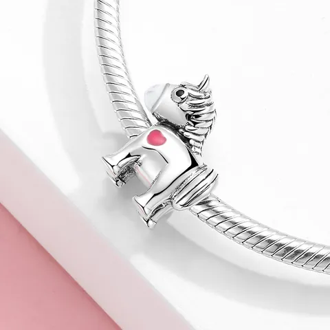 925 Sterling Silber Süßes Pony Pferd Charm Perle Mit Rosa Emaille Herz Für DIY Armband Herstellung Cartoon Tier Schmuck Zubehör