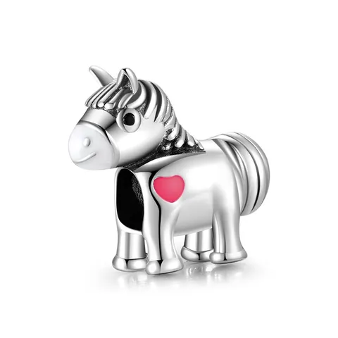 925 Sterling Silber Süßes Pony Pferd Charm Perle Mit Rosa Emaille Herz Für DIY Armband Herstellung Cartoon Tier Schmuck Zubehör