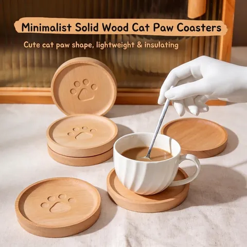 Round Wooden Coaster Beech Wood Cute Bear Paw Print Heat Resistant Non Slip Tea Coffee Mug Mat Japanese Style