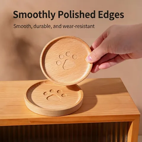 Round Wooden Coaster Beech Wood Cute Bear Paw Print Heat Resistant Non Slip Tea Coffee Mug Mat Japanese Style