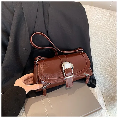 Vintage Shiny PU Underarm Bag For Women Large Silver Buckle Decor Shoulder Bag Fashion Solid Color Crossbody Handbag