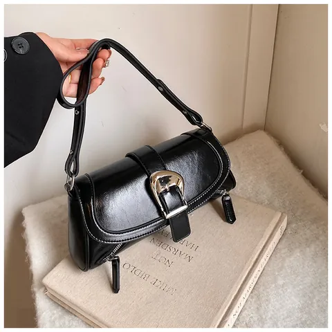 Vintage Shiny PU Underarm Bag For Women Large Silver Buckle Decor Shoulder Bag Fashion Solid Color Crossbody Handbag