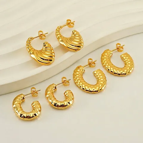 Vintage Hammered C Shape Hoop Creolen 18K Gold Plated Edelstahl Honeycomb Textured Croissant Damen Schmuck