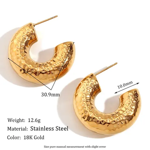 Stainless Steel Hammered C-Shaped Hoop Earrings 18K Gold Plated Chunky Thick Open Rings Fashion Jewelry For Women