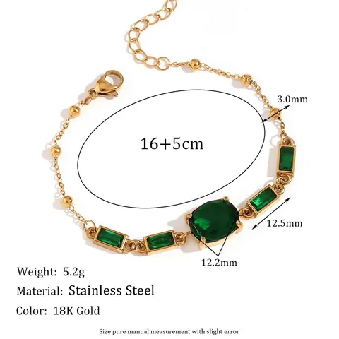 Stainless Steel 18K Gold Plated Green Stone Bracelet Geometric Oval Emerald Rectangular Rhinestone Adjustable Chain Jewelry For Women