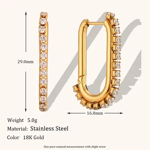 U-Shaped Hoop Earrings 18K Gold Plated 316L Stainless Steel Cubic Zirconia Statement Fashion For Women