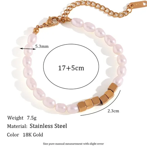 Women Fashion Stainless Steel Cube Freshwater Pearl Beaded Necklace And Bracelet Elegant Gold Jewelry Accessory Gift