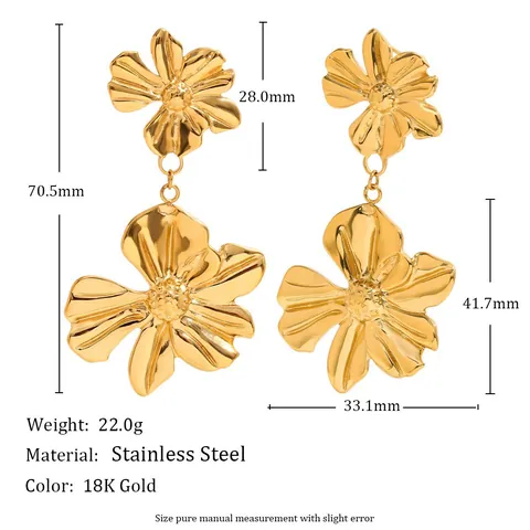 Vintage 18K Verguld Roestvrij Staal Dubbele Bloem Drop Oorbellen Voor Vrouwen Mode Ins Stijl Bloemen Sieraden Cadeau