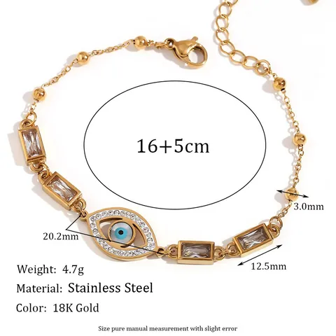 Stainless Steel 18K Gold Plated Evil Eye Bracelet For Women Rectangular Rhinestone Charm Adjustable Link Chain Jewelry