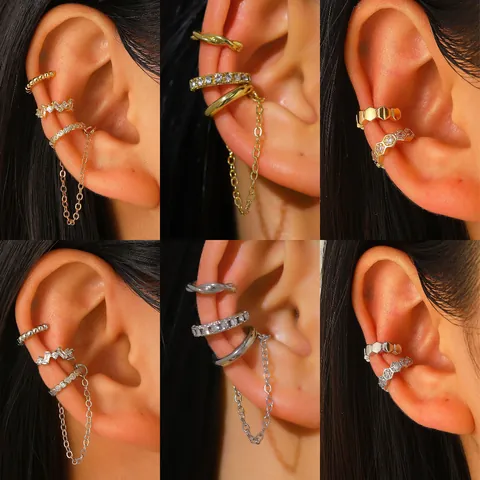 Minimalist Copper Rhinestone Ear Cuffs Gold Silver Plated Chain Honeycomb Non Piercing Wrap Earrings For Women Fashion Jewelry