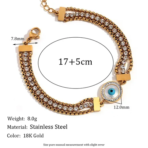 Bracciale a Catena a Tre Strati in Acciaio Inossidabile di Moda per Donna Placcato Oro 18K Malocchio Ciondolo Strass Gioielli Regolabili
