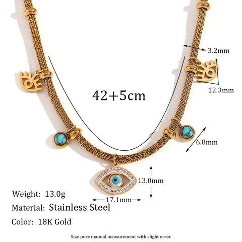 Stainless Steel Evil Eye Necklace And Bracelet For Women Gold Plated Mesh Chain Artificial Turquoise Rhinestone Fashion Jewelry