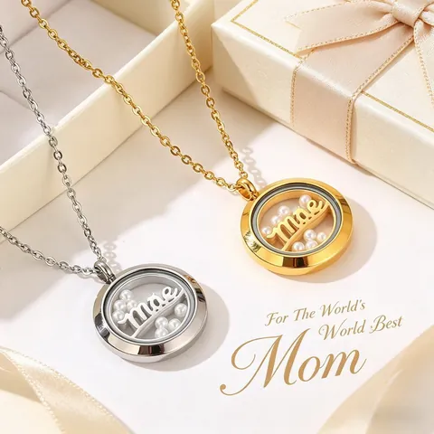Collana Medaglione Rotondo In Vetro Acciaio Inossidabile Perla Artificial Galleggiante Lettera Mãe Regalo Festa Della Mamma