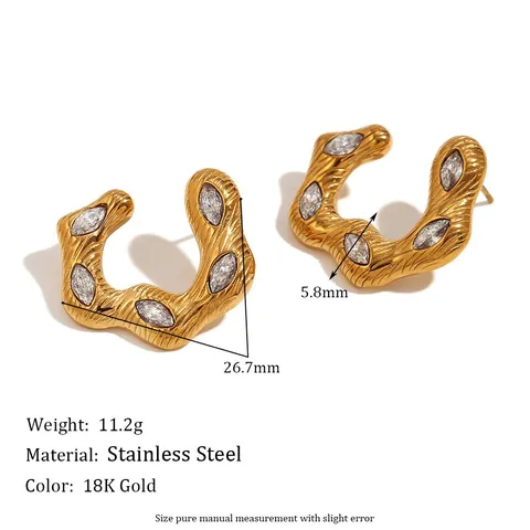 Onregelmatige Golf Ring Oorbellen 18K Verguld Roestvrij Staal Markies Zirkoon Getextureerde C Vorm Mode Sieraden Voor Dames
