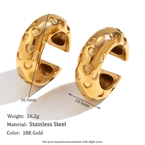 Pendientes Ear Cuff Corazón Relieve Acero Inoxidable Chapado En Oro 18K Retro Forma De C Sin Agujero Para Mujer