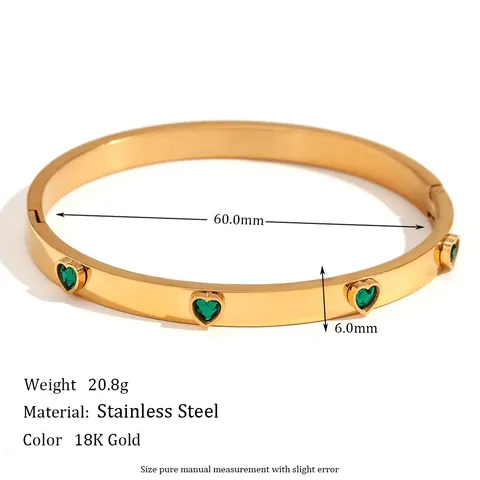Bracciale Rigido Con Cuore In Zirconia Cubica Acciaio Inossidabile 316L Placcato Oro 18K Fibbia A Cerniera Per Donna