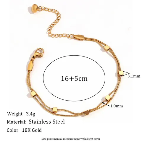 Minimalist Stainless Steel Double Layer Snake Chain Bracelet Gold Plated Cube Beads Link Adjustable Bracelet Fashion Jewelry For Women Commute