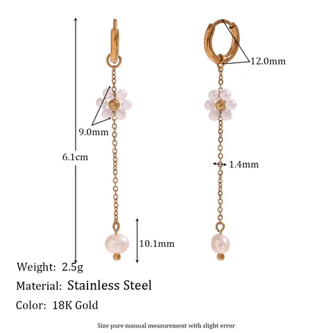 18K Gold Plated Stainless Steel Artificial Pearl Flower Tassel Drop Earrings Handmade Long Chain Hoop Jewelry For Women