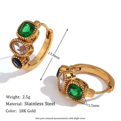 Boucles d'Oreilles Huggie Hoop en Acier Inoxydable Plaqué Or 18K Vintage pour Femmes Strass Tricolore Bijoux Minimalistes