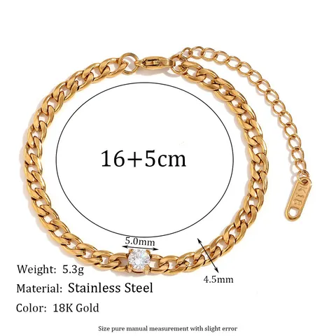 Cuban Link Chain Bracelet For Women 18K Gold Plated 316L Stainless Steel Inlaid With Round Water Drop Cubic Zirconia