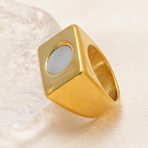 Vierkante Zegelring 18K Verguld Roestvrij Staal Met Kunstparelmoer Ronde Inlay Geometrische Minimalistische Unisex Sieraden