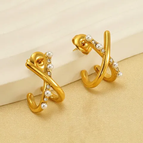 Eleganti Orecchini A Lobo Incrociati A Forma Di X In Acciaio Inossidabile Placcato Oro 18K Con Künstliche Perle E Zircone