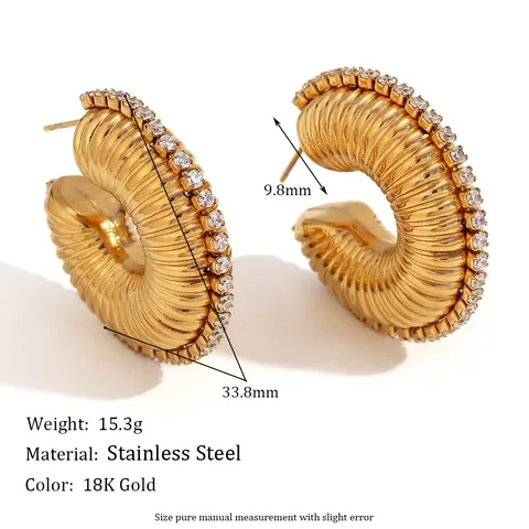 Pendientes De Aro Acero Inoxidable Nervado Espiral Hueco Forma C Zirconia Bordeado Chapado Oro 18K Para Mujeres