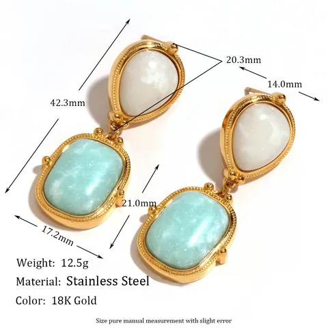 Vintage French Stainless Steel 18K Gold Plated Amazonite Geometric Splicing Dangle Drop Earrings For Women Jewelry Gift
