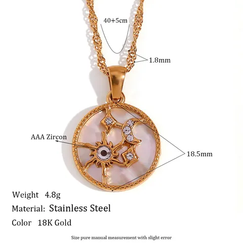 Sun Moon Star Round Pendant Necklace 18K Gold Plated Stainless Steel With Mother Of Artificial Pearl Zircon Celestial Jewelry