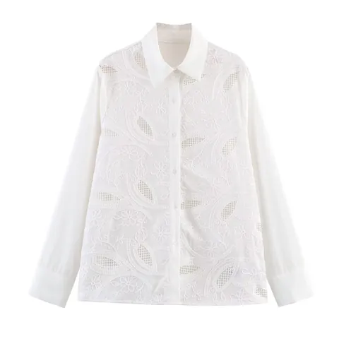 Dames Wit Hol Uit Kant Borduurwerk Lange Mouwen Overhemd Reverskraag Enkele Rij Knoppen Casual Kantoor Blouse Top Voor Dames